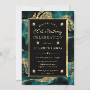 Elegant Molten Teal and Gold Glitter 60th Birthday Invitation