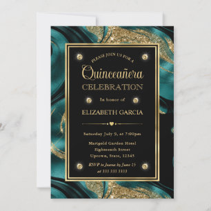 Elegant Molten Teal and Gold Glitter Quinceanera Invitation