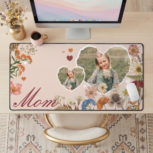 Elegant Mom Floral Wildflower Heart Photo Collage  Desk Mat (Elegant Mom Floral Wildflower Heart Photo Collage Desk Mat)