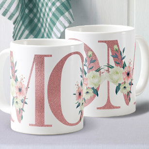 Elegant MOM Pink Glitter Watercolor Floral Letter Coffee Mug