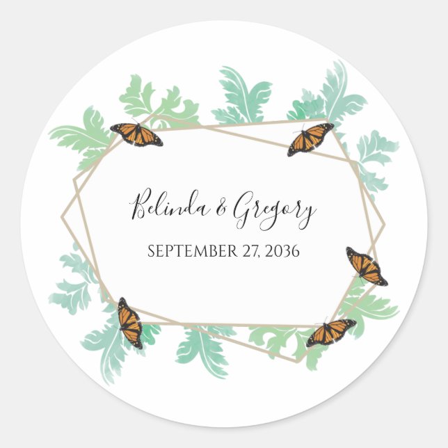 Elegant Monarch Butterfly Wedding Classic Round Sticker (Front)