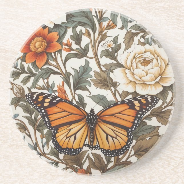 Elegant Monarch Butterfly William Morris Inspired  Coaster (Front)