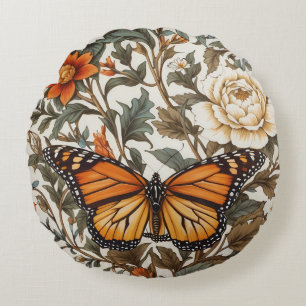 Elegant Monarch Butterfly William Morris Inspired Round Cushion