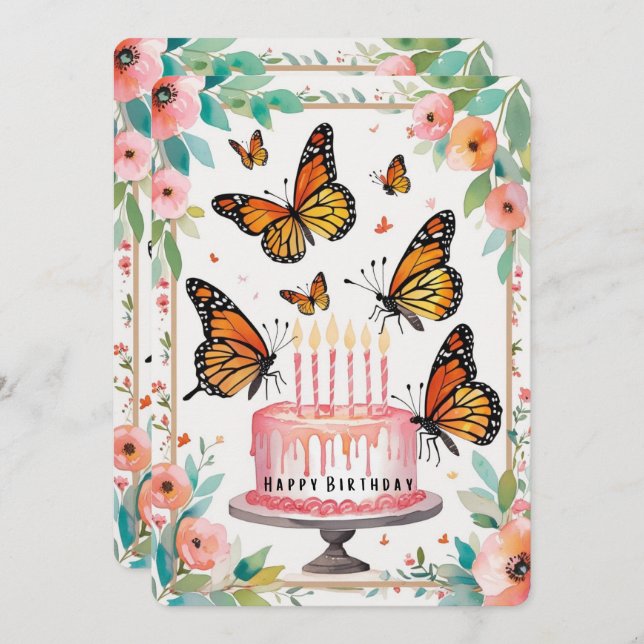 Elegant Monarch & Cake Birthday Card (Front/Back)