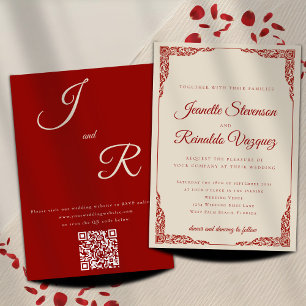 Elegant Monochromatic Ruby Red QR Code Wedding  Invitation