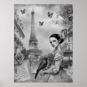 Elegant Monochromatic Victorian Goth Girl in Paris Poster
