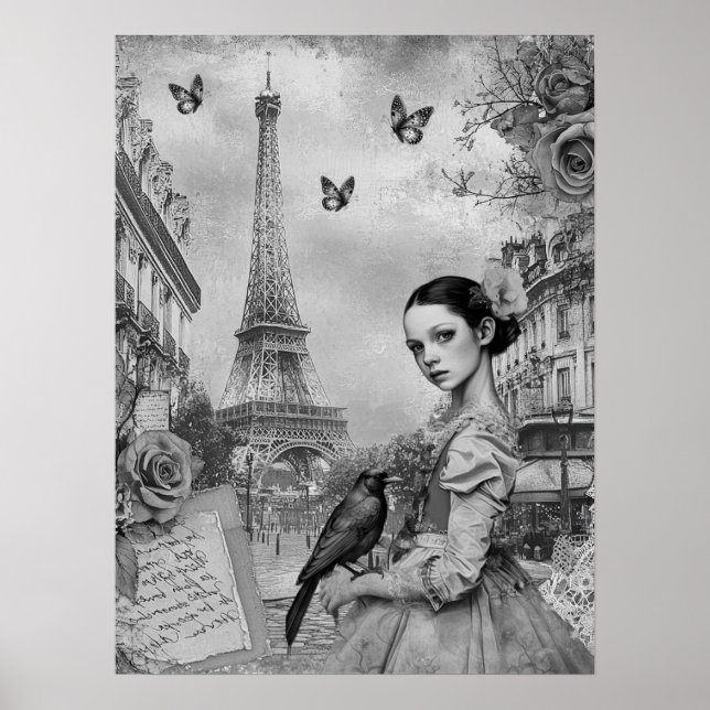 Elegant Monochromatic Victorian Goth Girl in Paris Poster (Front)
