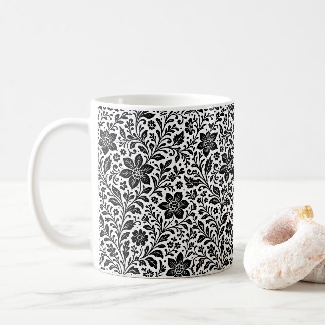 Elegant Monochrome Floral Batik Mug Coffee Cup (With Donut)