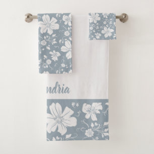 elegant monochrome floral pattern blue grey bath towel set