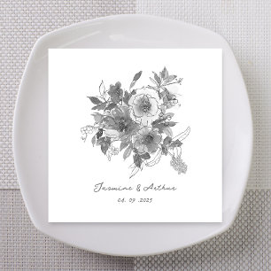 Elegant Monochrome Floral Sketch Wedding Napkin