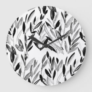 Elegant Monochrome: Natural Leaves Pattern Large Clock