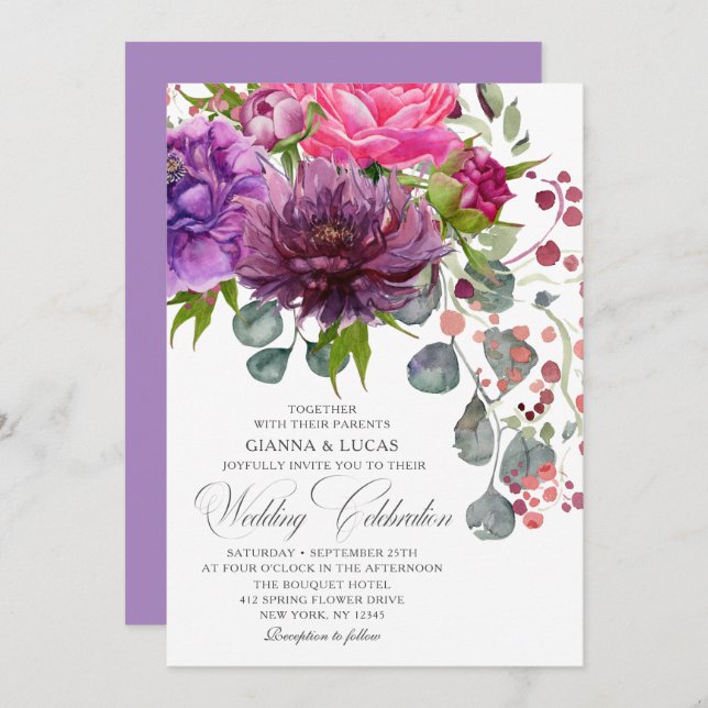 Elegant Monochrome Watercolor Floral Wedding Invitation (Front/Back)
