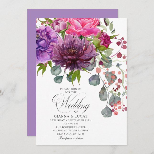 Elegant Monochrome Watercolor Floral Wedding Invitation (Front/Back)