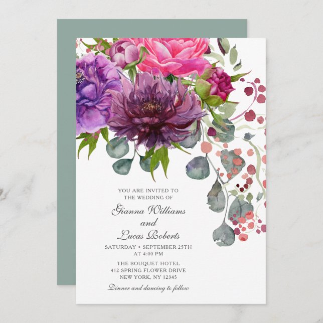 Elegant Monochrome Watercolor Floral Wedding Invitation (Front/Back)