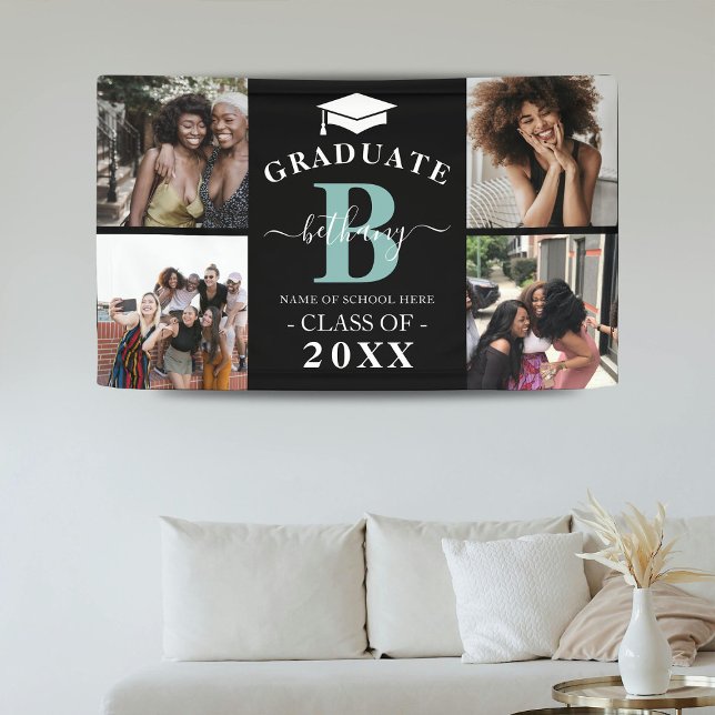 Elegant Monogram 4 Photo Graduate Graduation  Banner (Creator Uploaded)