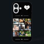 Elegant monogram 9 photo collage black iPhone 16 case<br><div class="desc">Add nine family,  kids,  pets or best friends images and create your own beautiful photo collage phone case with your monogram name initial inside a white heart over a black and white background.             Easy to personalise with your custom square images and letter</div>