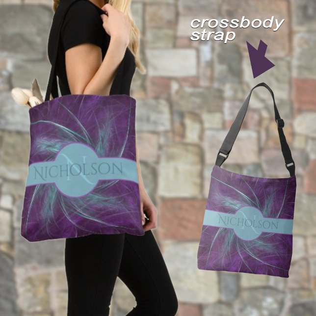 Elegant Monogram Abstract Spiral Purple Teal Tote Bag (Personalize this name and monogram polyester tote for yourself or a a sweet gift. )