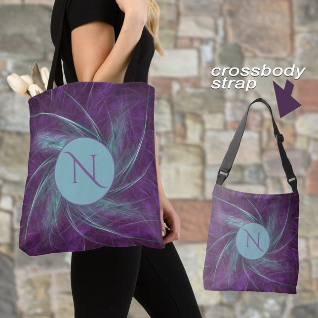 Elegant Monogram Abstract Spiral Purple Teal Tote Bag (Personalize the initial and it will appear on both sides of the bag. Make it for yourself or a gift.)