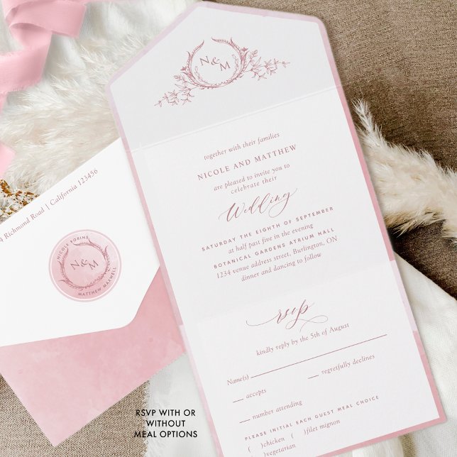 Elegant Monogram and Dusty Rose Watercolor Wedding All In One Invitation (Creator Uploaded)
