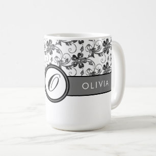 Elegant Monogram and Floral Pattern Black Coffee Mug