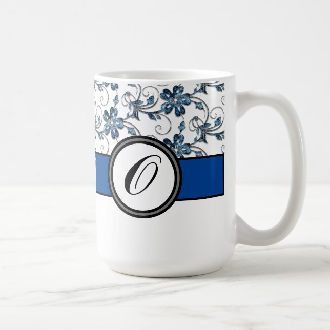 Elegant Monogram and Floral Pattern Navy Blue Coffee Mug (Right)