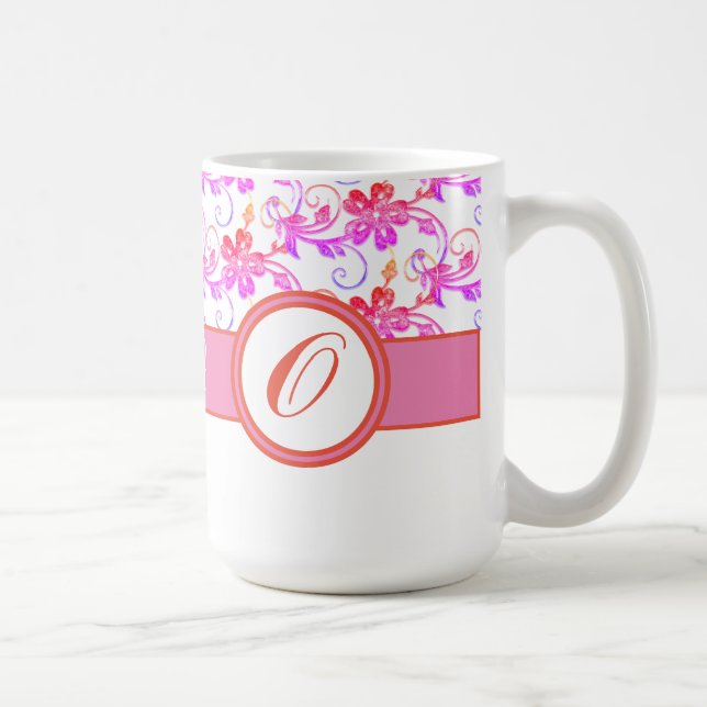 Elegant Monogram and Floral Pattern Pink Coffee Mug (Right)