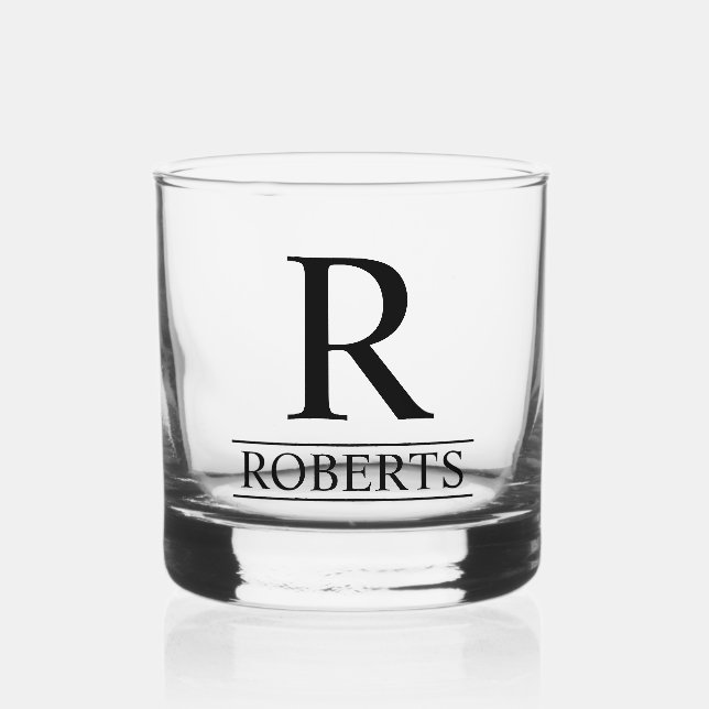 Elegant monogram and last name wedding whiskey glass (Front)