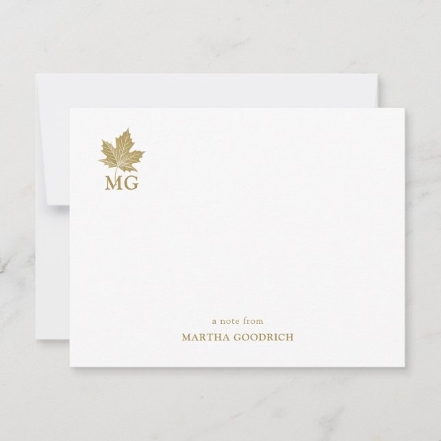 Elegant Monogram Antique Gold Maple Leaf Flat Card (Front)