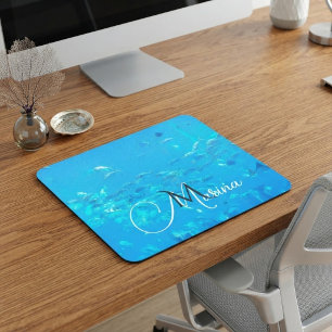 Elegant Monogram Aqua Blue School of Fish Ocean Mouse Mat