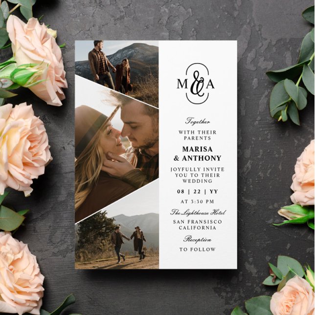 Elegant Monogram Asymmetrical Photos Wedding Invitation (Creator Uploaded)