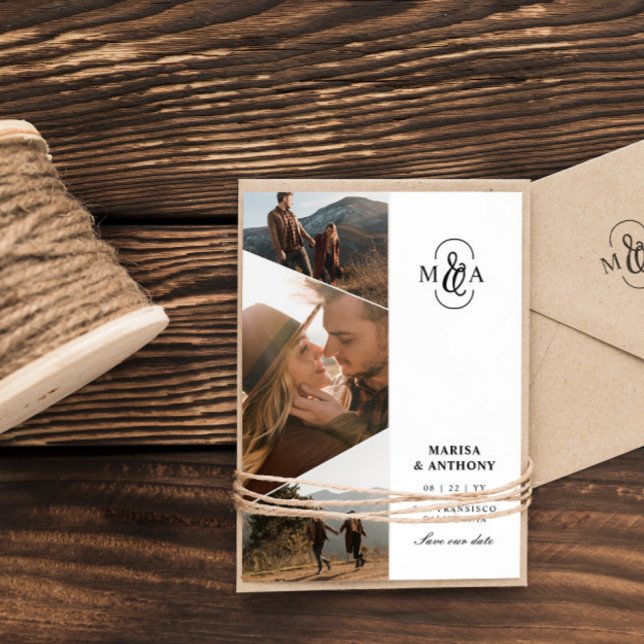 Elegant Monogram Asymmetrical Photos Wedding Save The Date (Creator Uploaded)