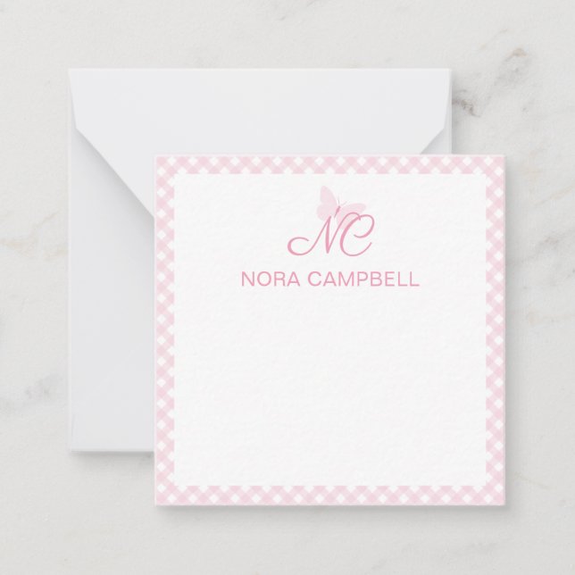 Elegant Monogram Baby Pink Gingham Personalised Card (Front)