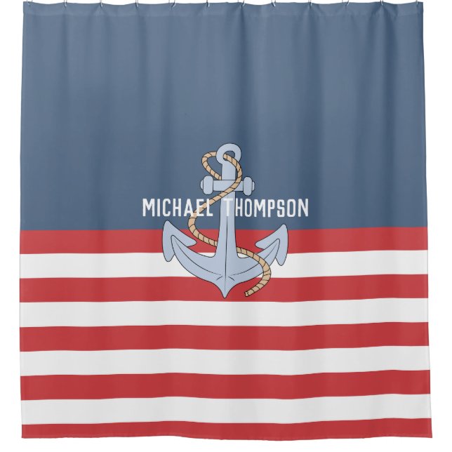 Elegant monogram beach house Anchor stripes navy Shower Curtain (Front)