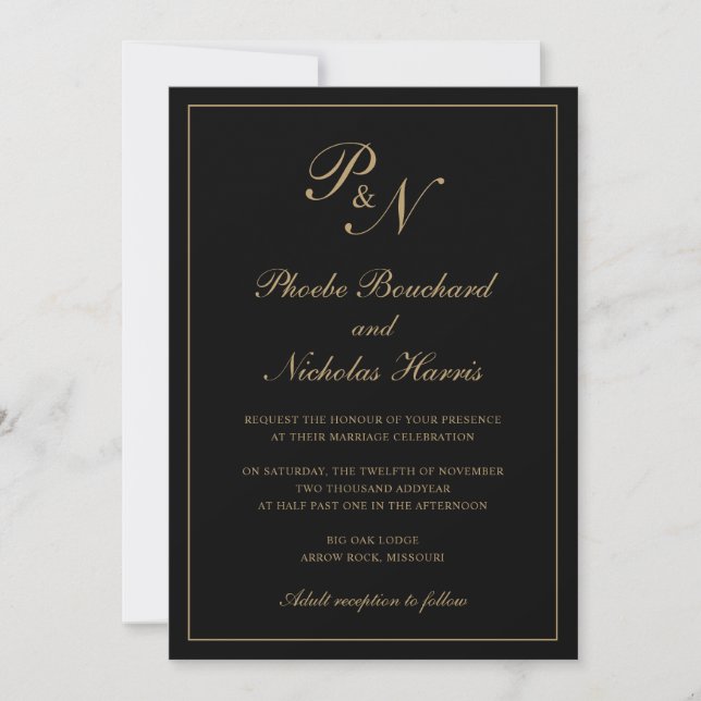Elegant Monogram Black and Gold All In One Wedding Invitation (Front)