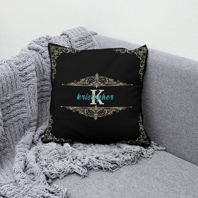 Elegant Monogram Black and Gold Personalised Name Cushion (Creator Uploaded)