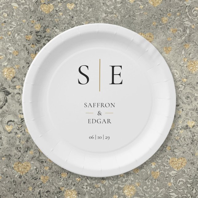 Elegant Monogram Black And Gold Wedding Paper Plate (Elegant Monogram Black And Gold Wedding Paper Plates)