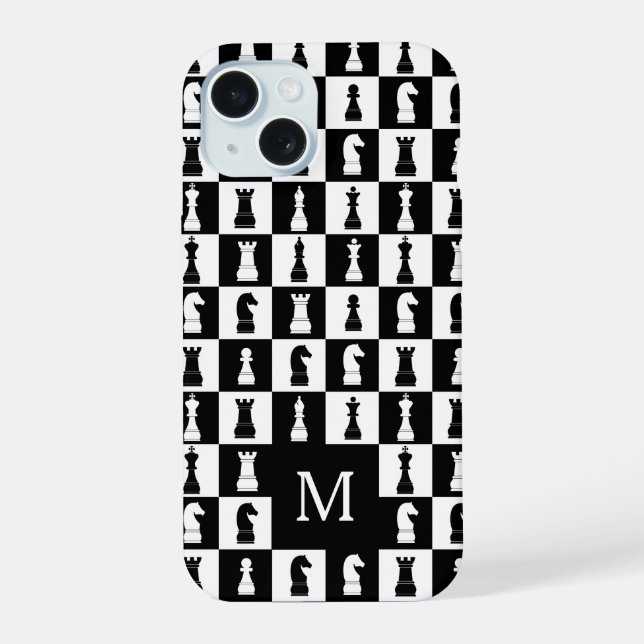 Elegant Monogram Black And White Chess Pattern iPhone 15 Case (Back)