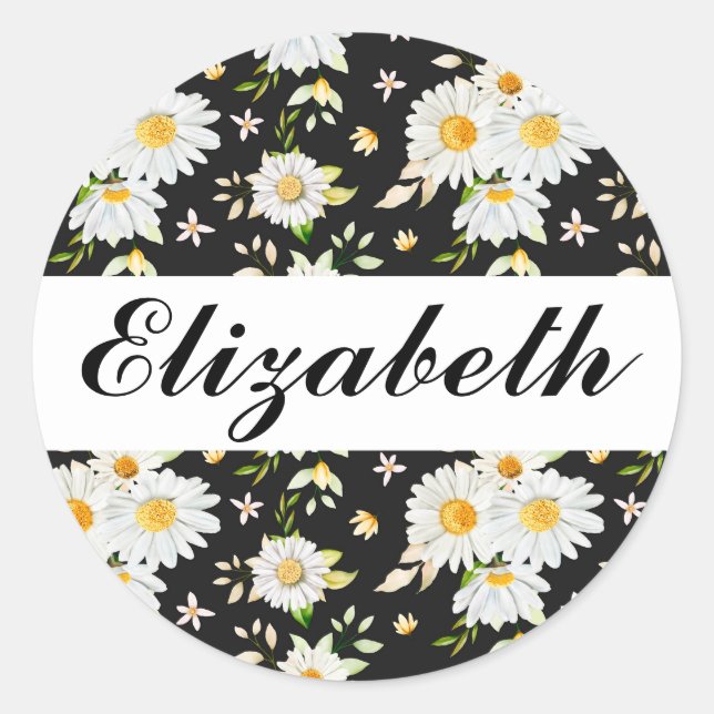 Elegant Monogram Black and White  Daisy Pattern  Classic Round Sticker (Front)