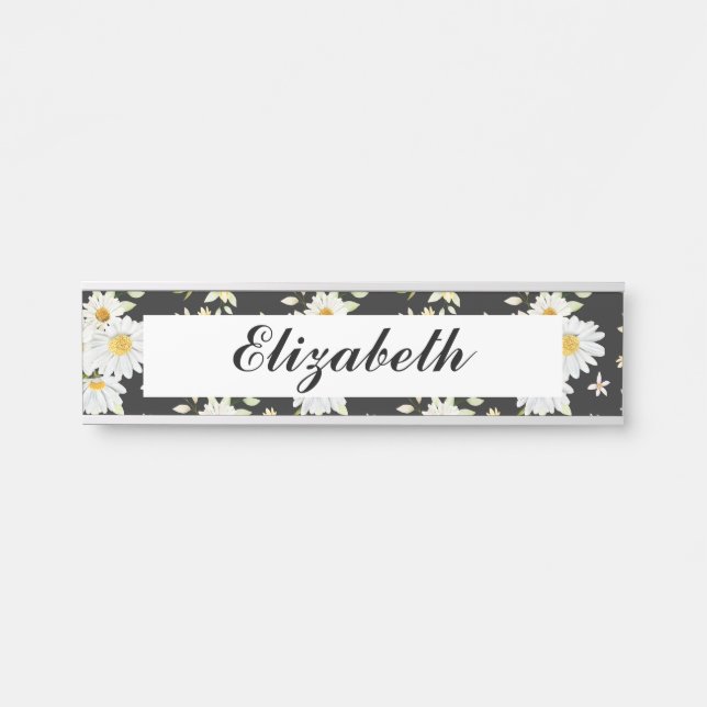 Elegant Monogram Black and White  Daisy Pattern Door Sign (Front)