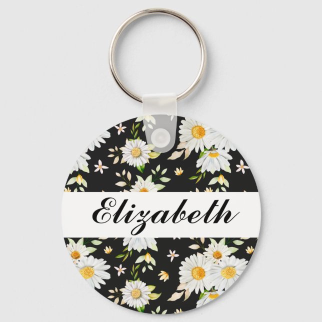 Elegant Monogram Black and White  Daisy Pattern Key Ring (Front)