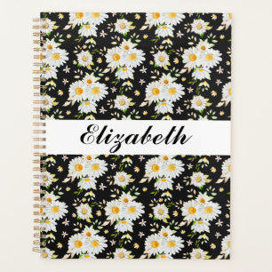 Elegant Monogram Black and White Daisy Pattern Planner