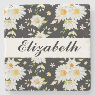 Elegant Monogram Black and White  Daisy Pattern  Stone Coaster