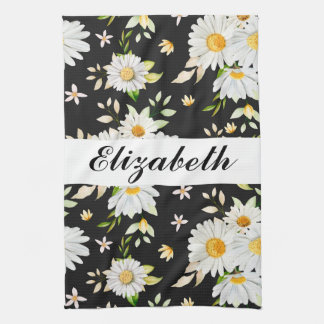 Elegant Monogram Black and White  Daisy Pattern  Tea Towel