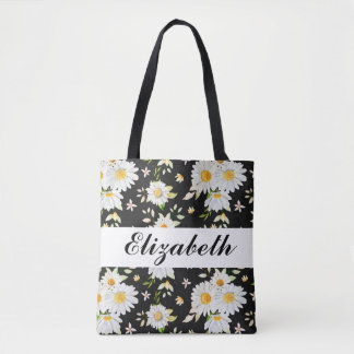 Elegant Monogram Black and White  Daisy Pattern  Tote Bag