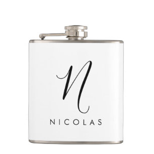 Elegant Monogram Black and White Hip Flask