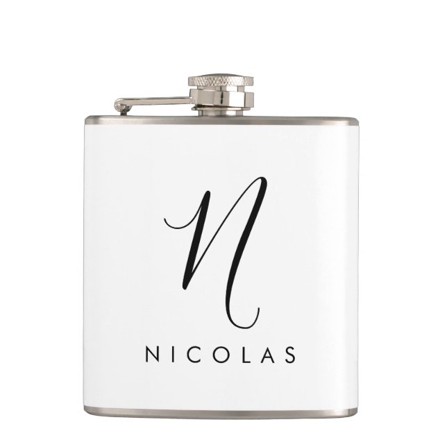 Elegant Monogram Black and White  Hip Flask (Front)