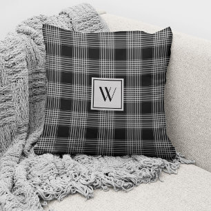 Elegant Monogram Black And White Plaid Cushion