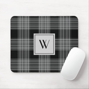 Elegant Monogram Black And White Plaid Pattern Mouse Mat