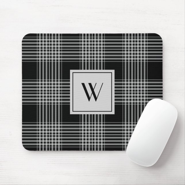 Elegant Monogram Black And White Plaid Pattern Mouse Mat (With Mouse)