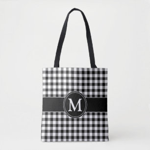 Elegant Monogram Black And White Plaid Tote Bag
